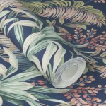 Wallpaper Lapis, tropical leaves and red berries on midnight blue
