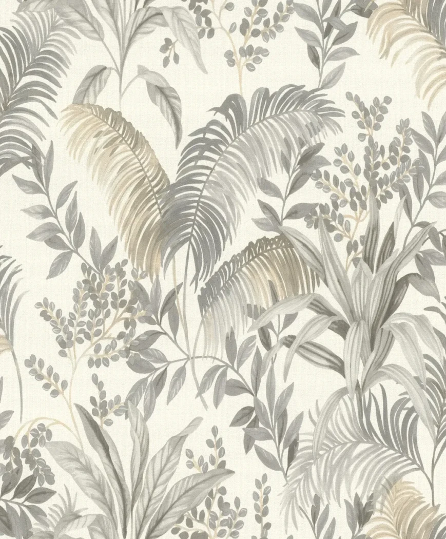Wallpaper White Linen with grey and gold palm leaves