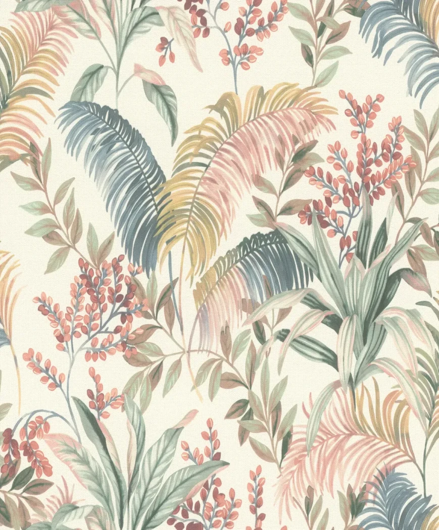 Wallpaper Ivory with navy palm leaves and coral berries