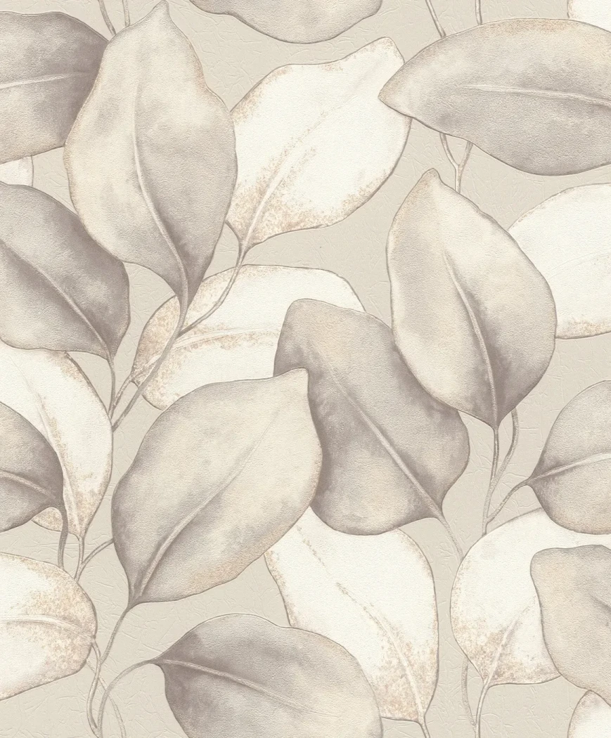 Wallpaper Veiled Dune, beige and taupe leaves with gold veins