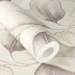 Wallpaper Veiled Dune, beige and taupe leaves with gold veins