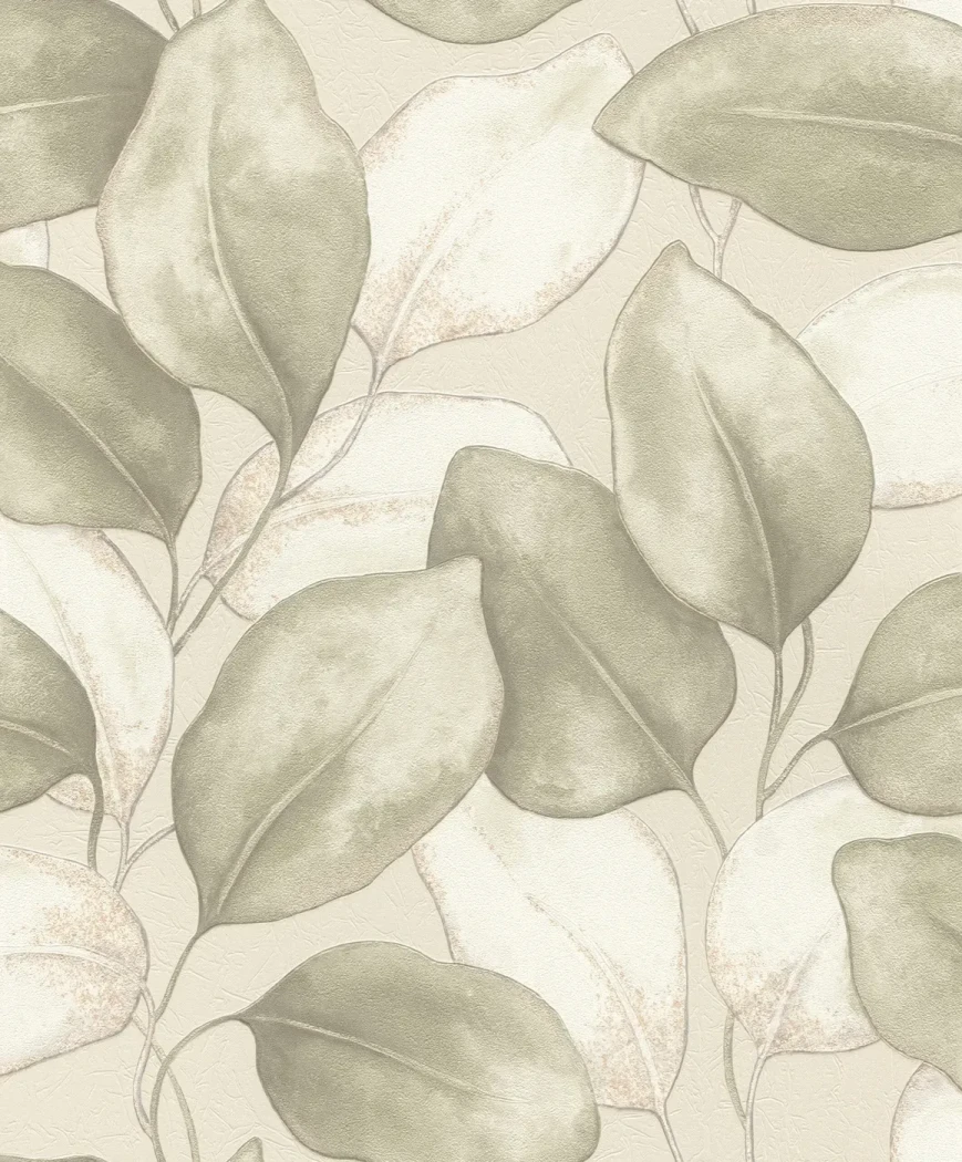 Wallpaper Light Millstone, large sage-green leaves on cream
