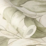 Wallpaper Light Millstone, large sage-green leaves on cream