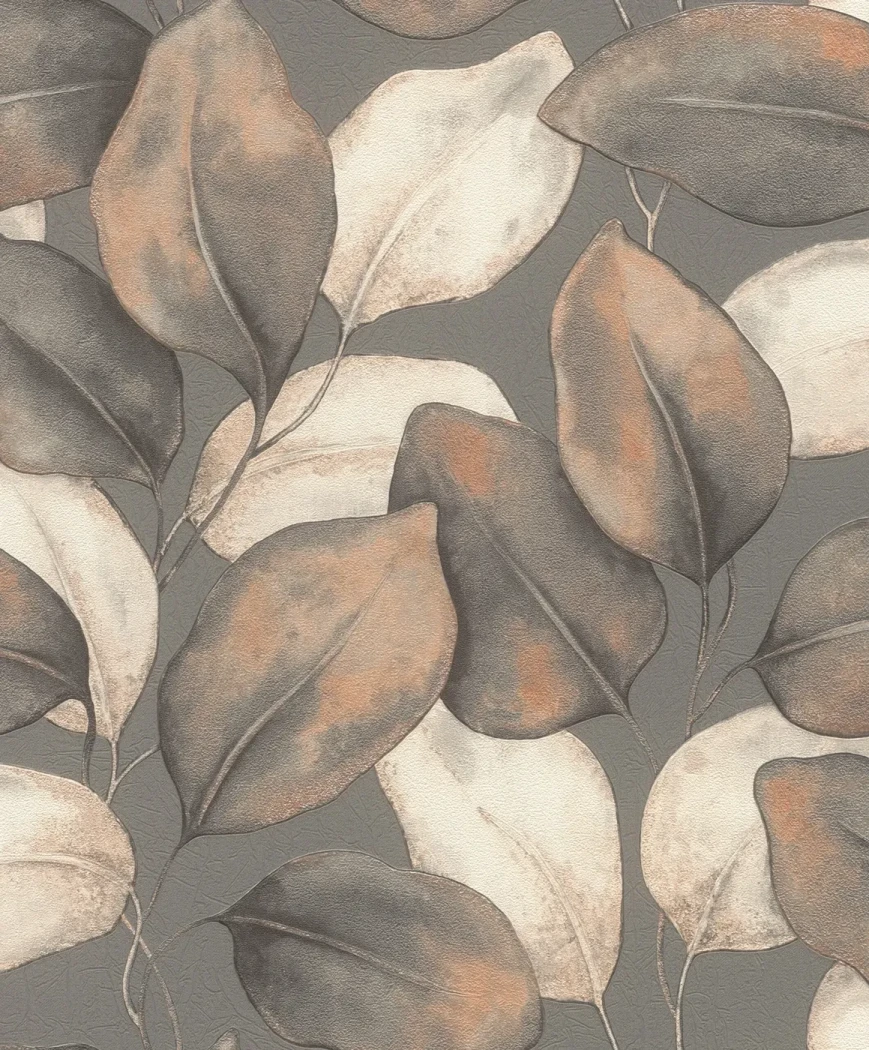 Wallpaper Misty Zinc with cream and terracotta leaves on charcoal