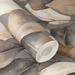 Wallpaper Misty Zinc with cream and terracotta leaves on charcoal