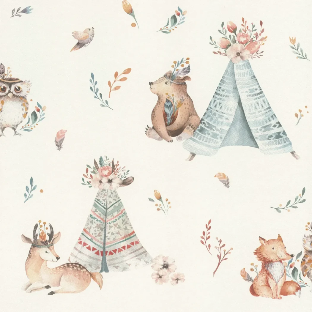 Wallpaper Crystal, pastel tipis and woodland animals on white