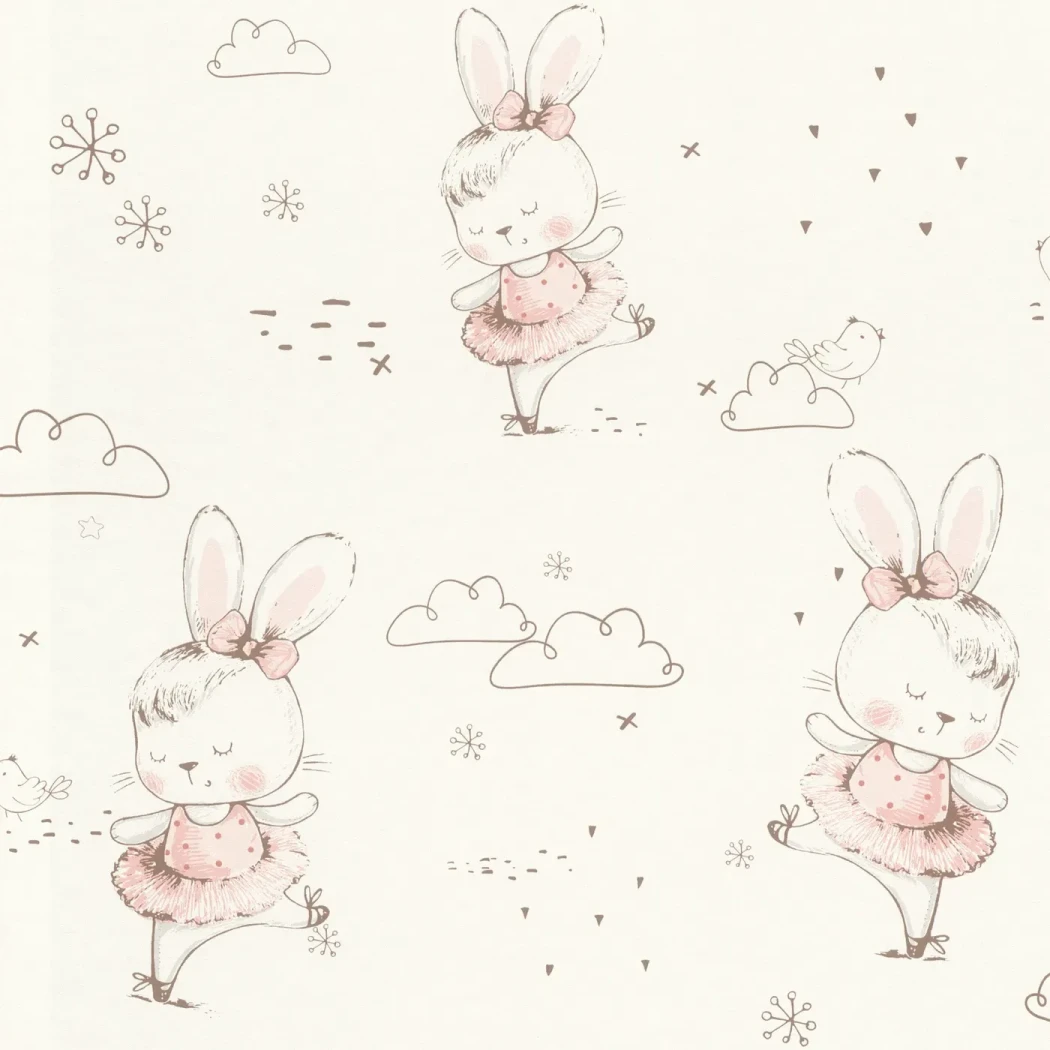 Wallpaper Sea Foam, ballerina rabbits and clouds on white