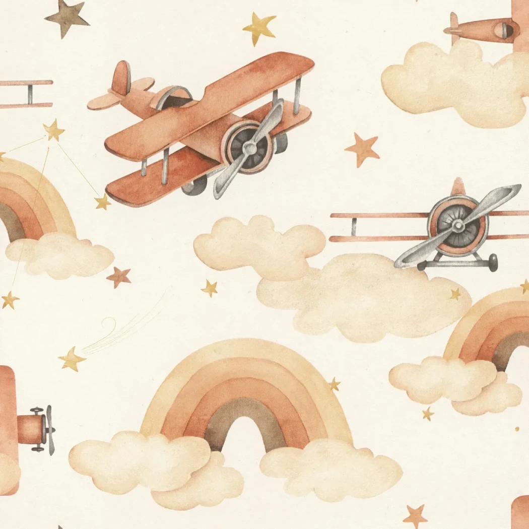 Wallpaper Pale Braid with biplanes, rainbows and stars on ivory