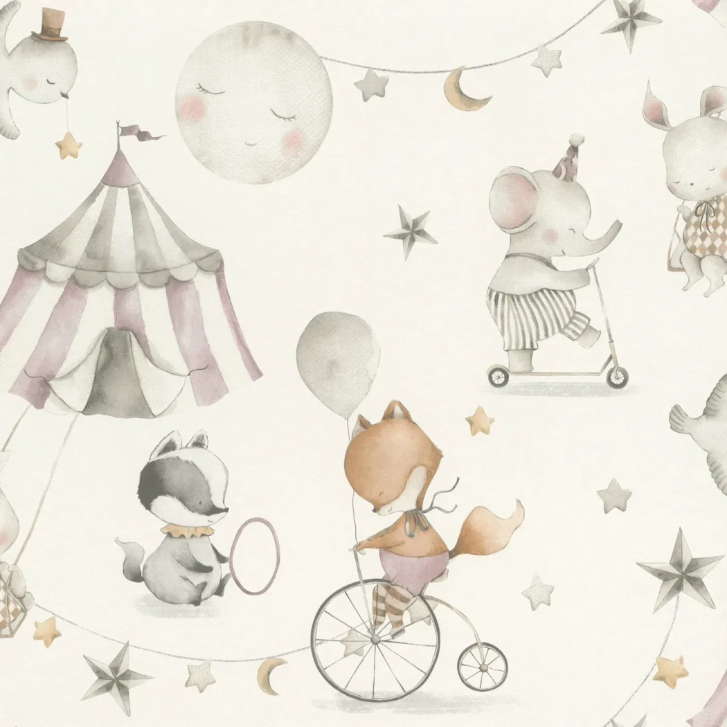 Wallpaper Frosted Parchment with circus tent and animals on cream