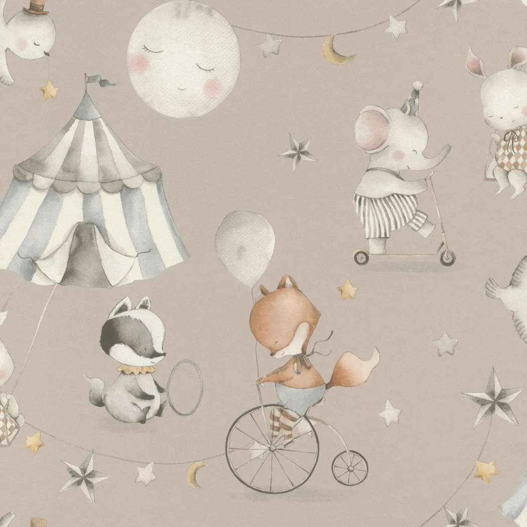 Wallpaper Coral with circus animals and striped tent on taupe