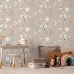 Wallpaper Coral with circus animals and striped tent on taupe