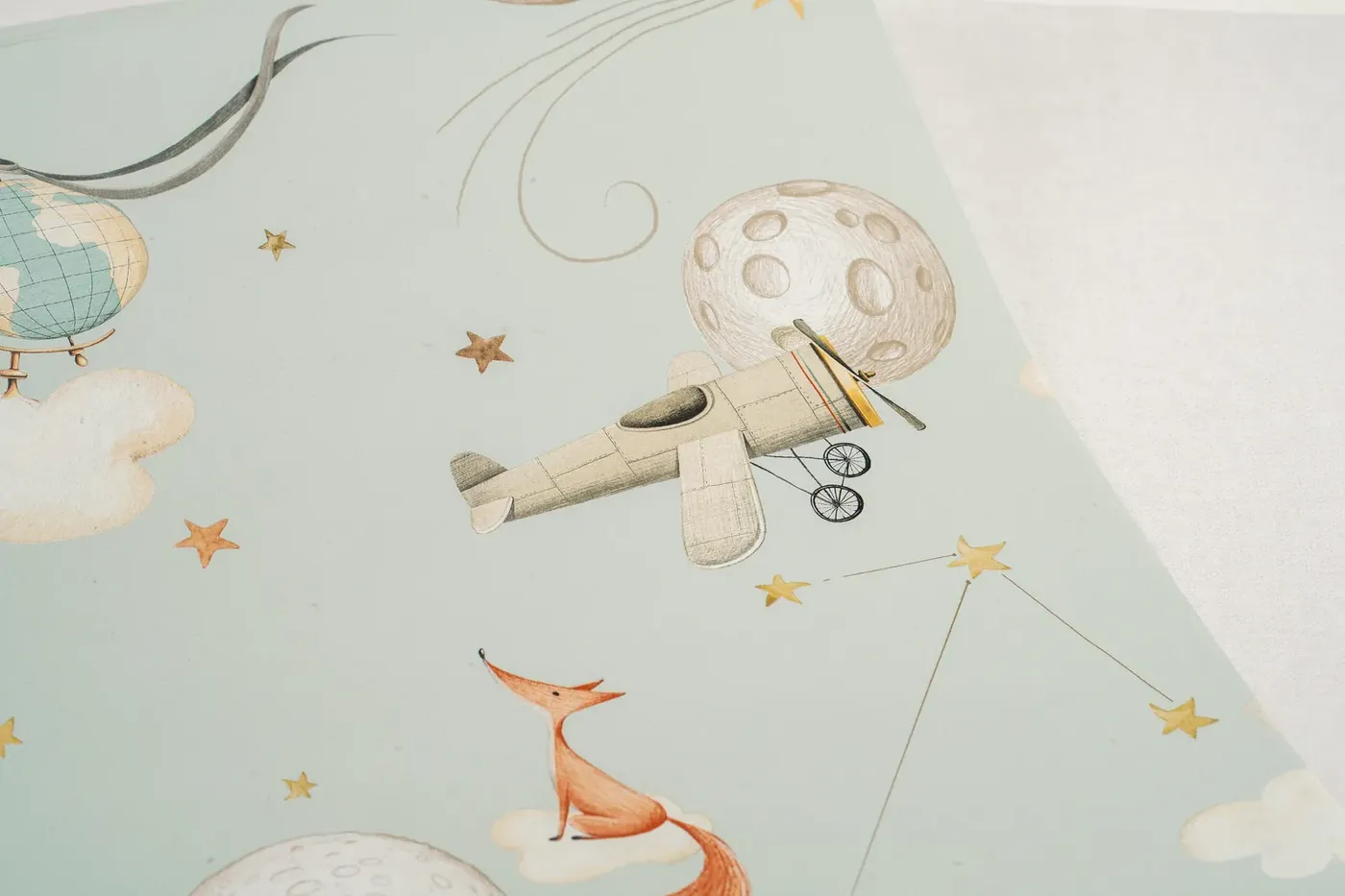 Wallpaper Frosted Stone, biplane, moon and balloon on pale aqua