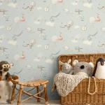 Wallpaper Frosted Stone, biplane, moon and balloon on pale aqua