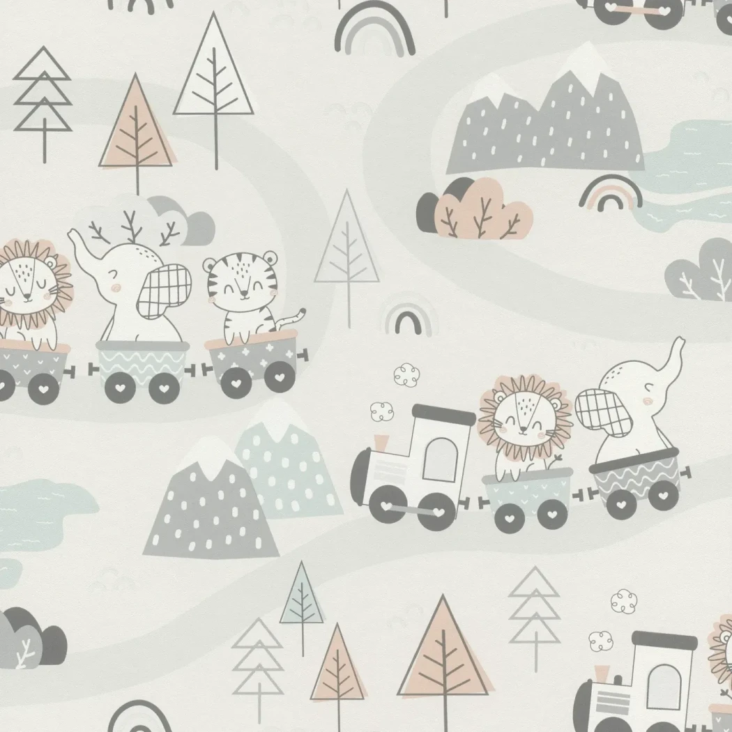 Wallpaper Marble with line-drawn animal train on white