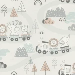 Wallpaper Marble with line-drawn animal train on white
