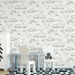 Wallpaper Marble with line-drawn animal train on white