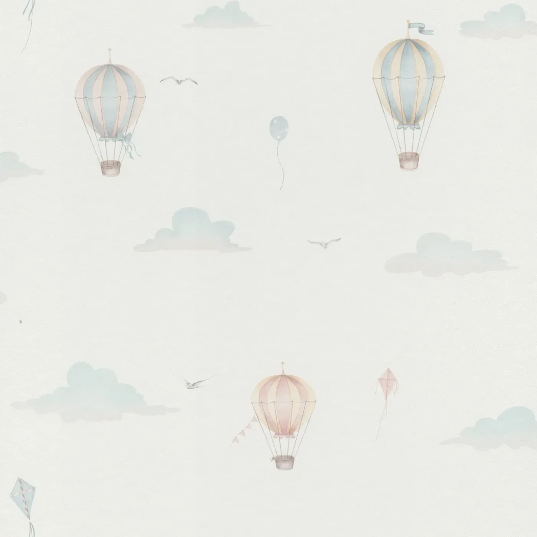 Wallpaper Opal with pastel hot-air balloons and clouds on white