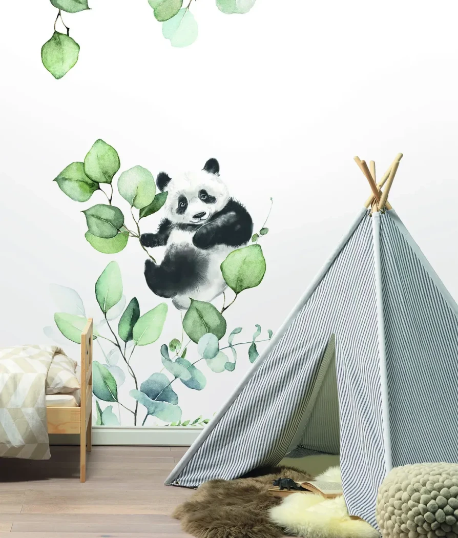Wallpaper Light Alabaster, watercolour panda among eucalyptus branches