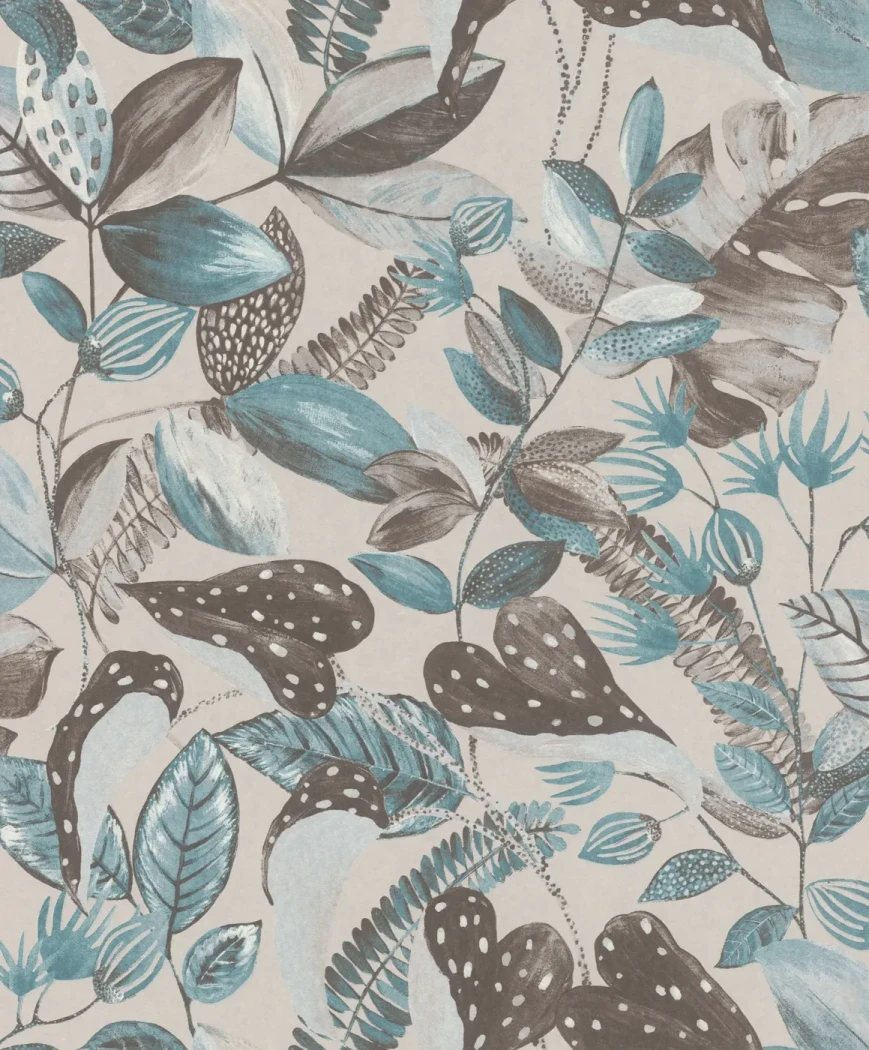 Wallpaper Frosted Mica, blue and brown tropical leaves on grey-beige