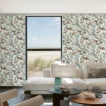 Wallpaper Frosted Mica, blue and brown tropical leaves on grey-beige
