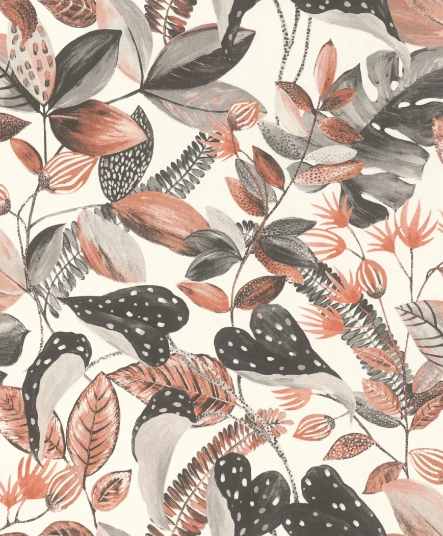 Wallpaper Red Ochre, coral and terracotta foliage on cream