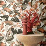 Wallpaper Red Ochre, coral and terracotta foliage on cream
