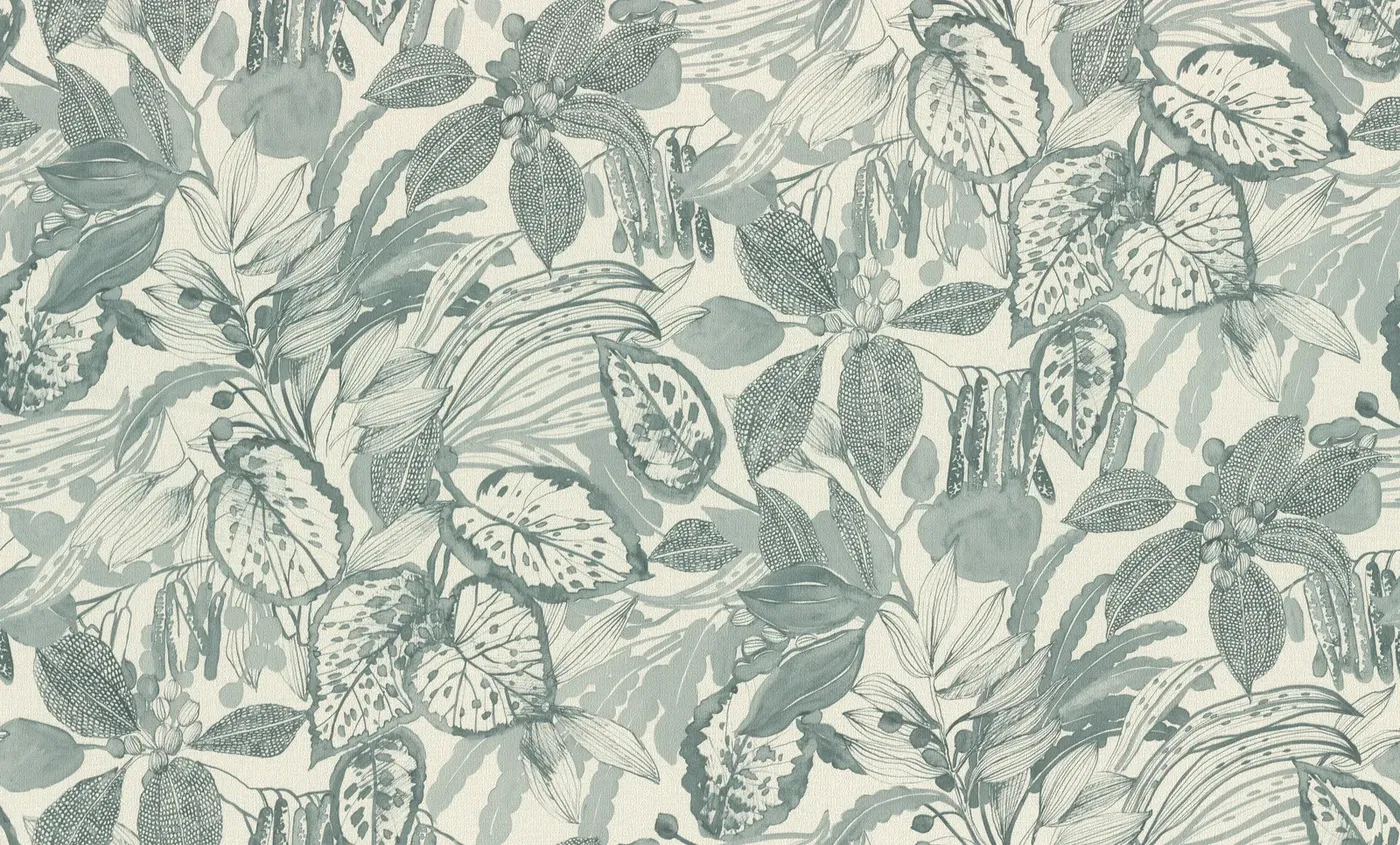 Wallpaper Gentle Rain, grey-green line-drawn leaves on cream