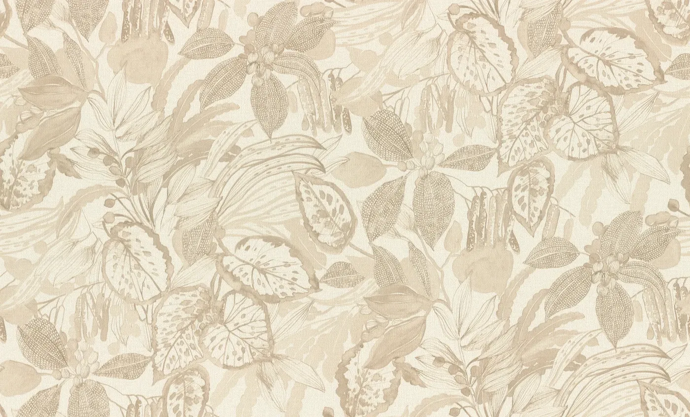 Wallpaper Veiled Sand, beige sketched tropical leaves on ivory