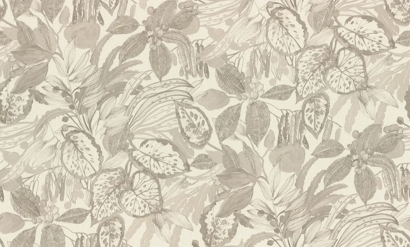 Wallpaper Frosted Biscuit, line-drawn beige and taupe foliage on cream