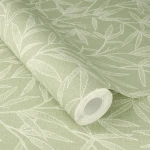 Wallpaper Veiled Turmeric, cream bamboo leaves on sage green