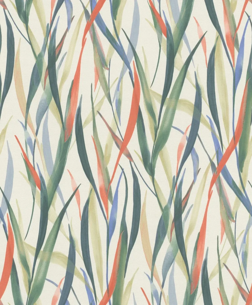 Wallpaper Indigo, tall green, blue and orange grasses on cream