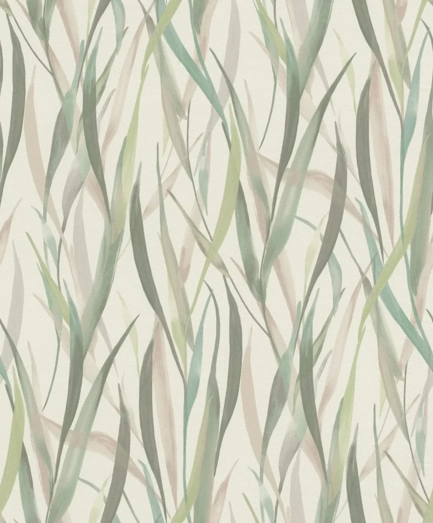Wallpaper Cedar, green and pink tall grasses on ivory