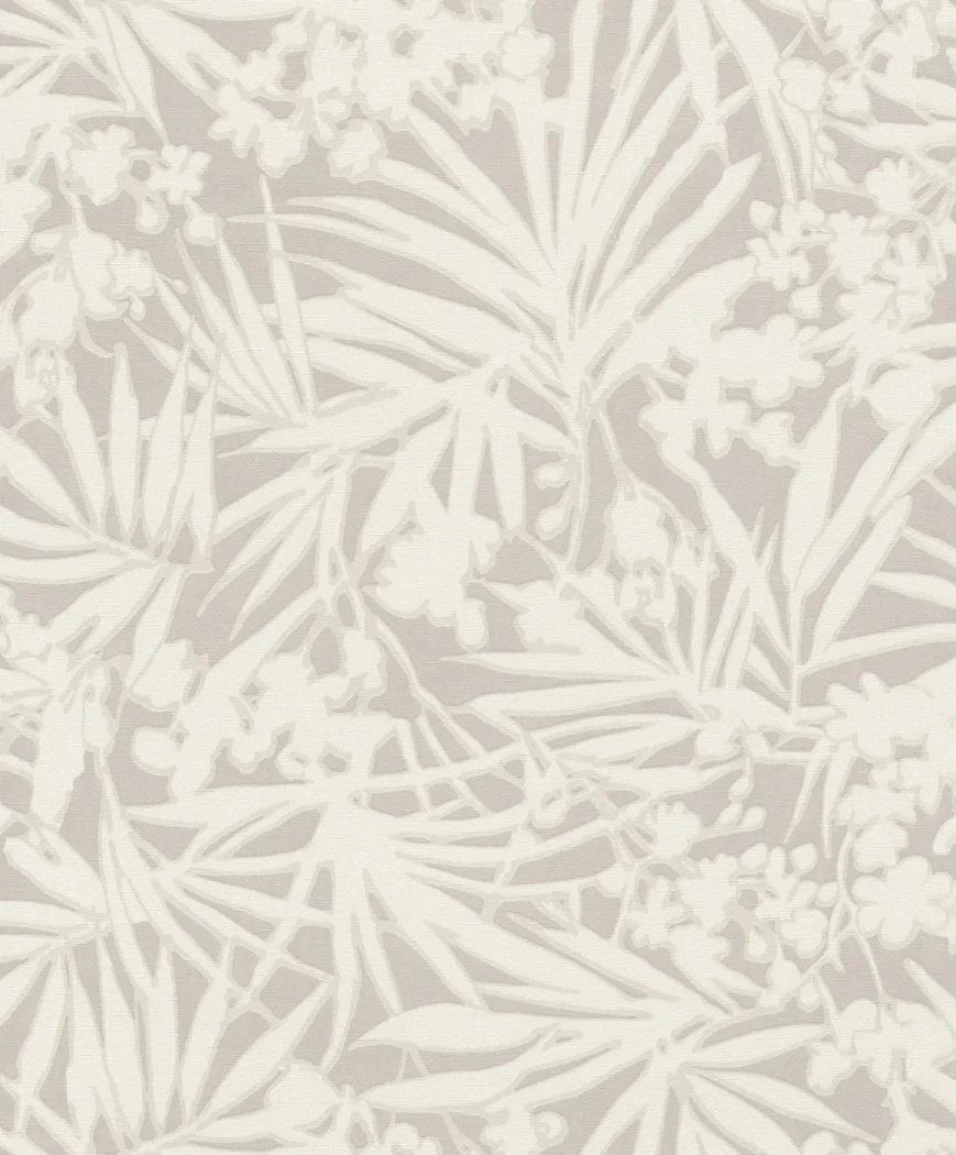 Wallpaper Frosted Light Earth, white palms and flowers on taupe