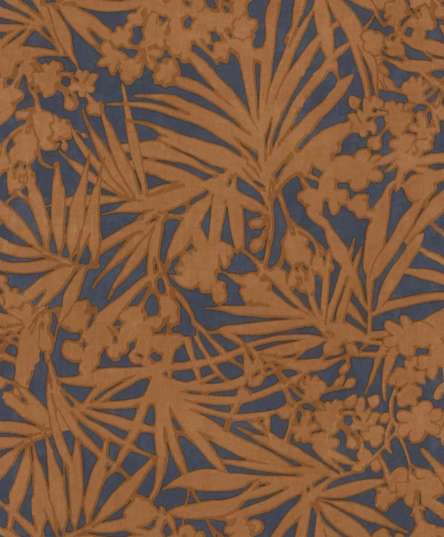 Wallpaper Ashen Bistre, ochre palm leaves on midnight blue