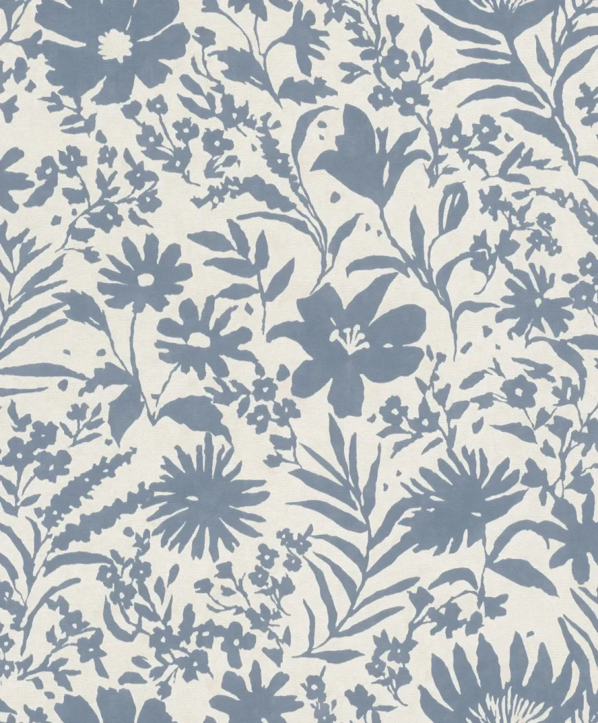 Wallpaper Pale Cement, blue-grey wild flowers on ivory