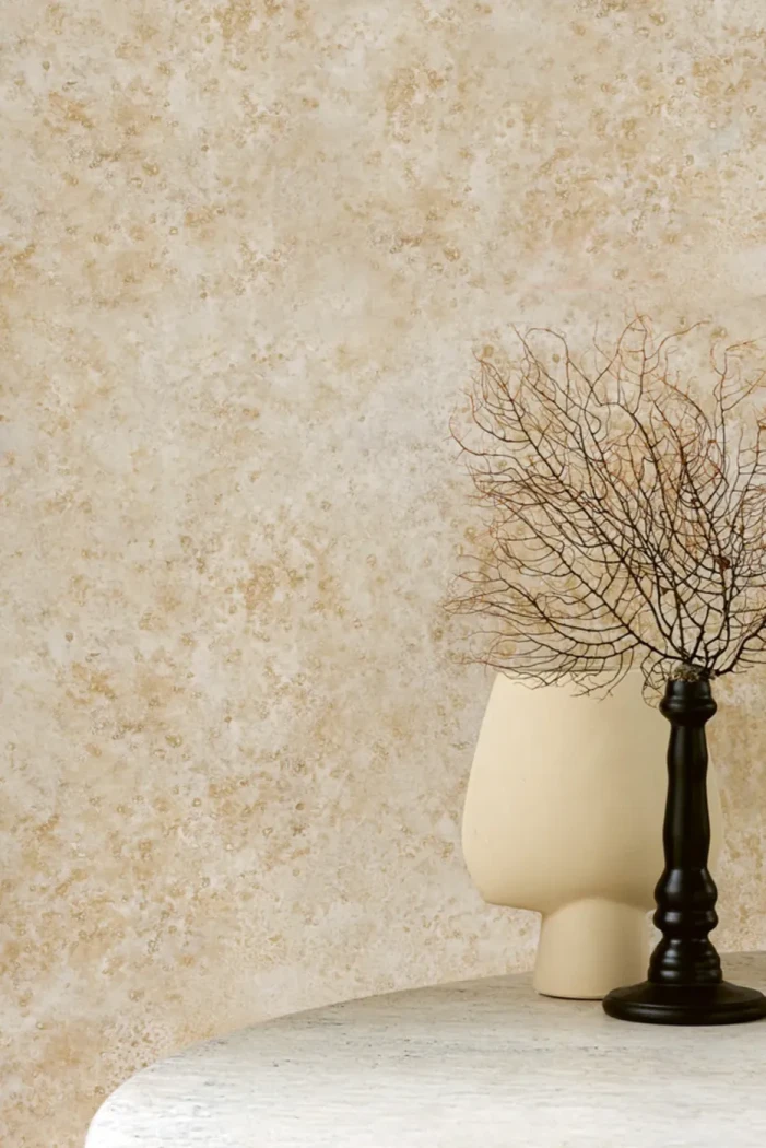 Wallpaper Soft Rattan, speckled beige stone effect with grey veining