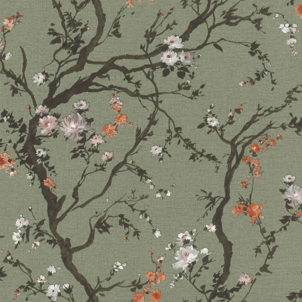 Wallpaper Deep Cloud, coral and white blossom on sage green