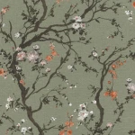 Wallpaper Deep Cloud, coral and white blossom on sage green