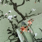 Wallpaper Deep Cloud, coral and white blossom on sage green