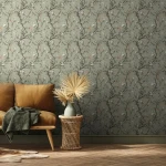 Wallpaper Deep Cloud, coral and white blossom on sage green