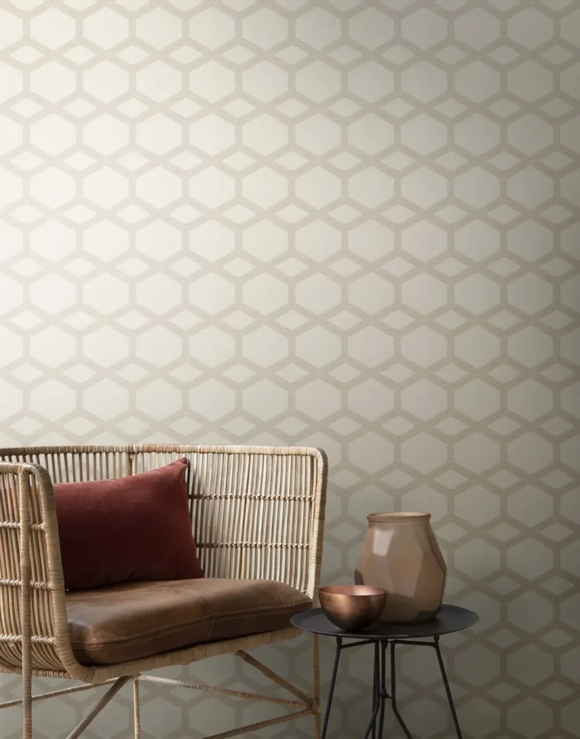 Wallpaper Soft Thatch, beige-green tone-on-tone honeycomb pattern