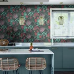 Wallpaper Lavender, green tropical foliage behind an open kitchen