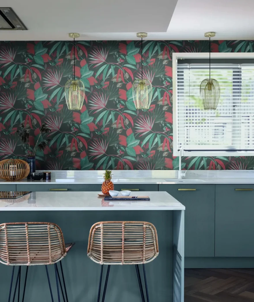 Wallpaper Lavender, green tropical foliage behind an open kitchen