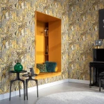 Wallpaper Soft Pale Bark, dense ochre leaves on dark ground