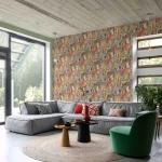 Wallpaper Soft Dawn, grey and terracotta stylised jungle foliage