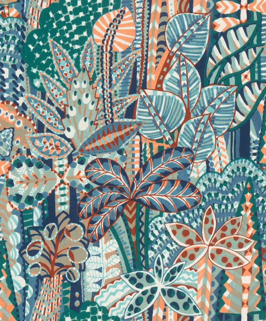 Wallpaper Deep Sapphire, navy, coral and green foliage on blue