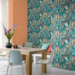 Wallpaper Deep Sapphire, navy, coral and green foliage on blue