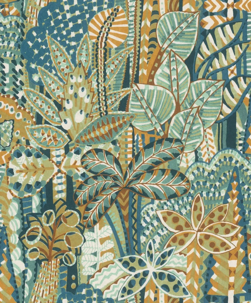 Wallpaper Ash Glacier, blue, ochre and terracotta tropical leaves