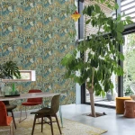 Wallpaper Ash Glacier, blue, ochre and terracotta tropical leaves