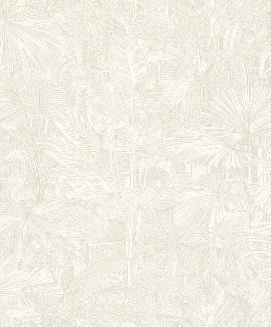 Wallpaper Pale Porcelain, tonal banana leaves and palms on ivory